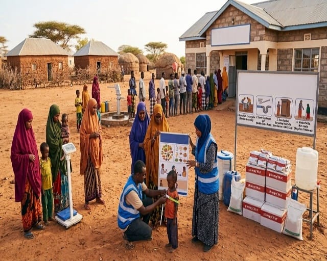 A KDI health worker measuring a child's arm circumference during community nutrition screening while mothers wait