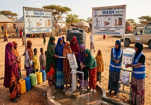 Women and children collecting clean water at a KDI-supported community water point, with WASH information boards in Somali