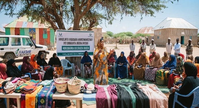 A woman facilitator leading a community session on women's empowerment and gender equality, with locally made products on display